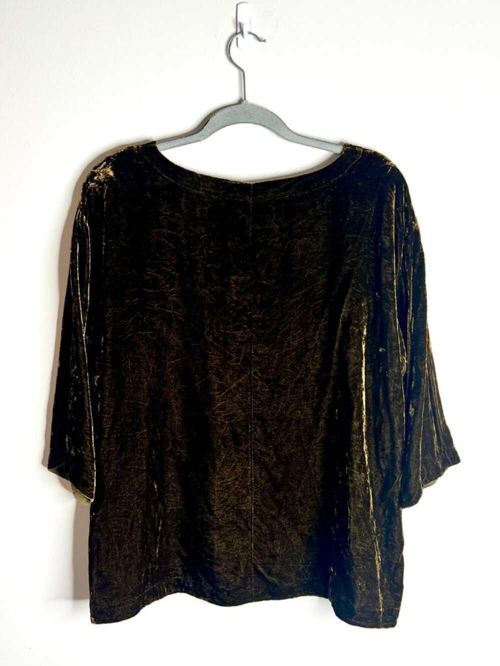 Eileen Fisher Silk Olive Green Crushed Velvet Flowy Top Boxy Whimsigoth Witchy M - Picture 4 of 4